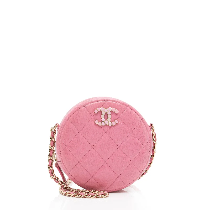 Chanel Caviar Leather Crystal CC Round Clutch with Chain (SHF-FU2AgY)