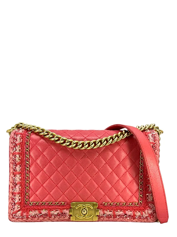 Chanel Pink Quilted Lambskin Medium Boy Bag With Tweed