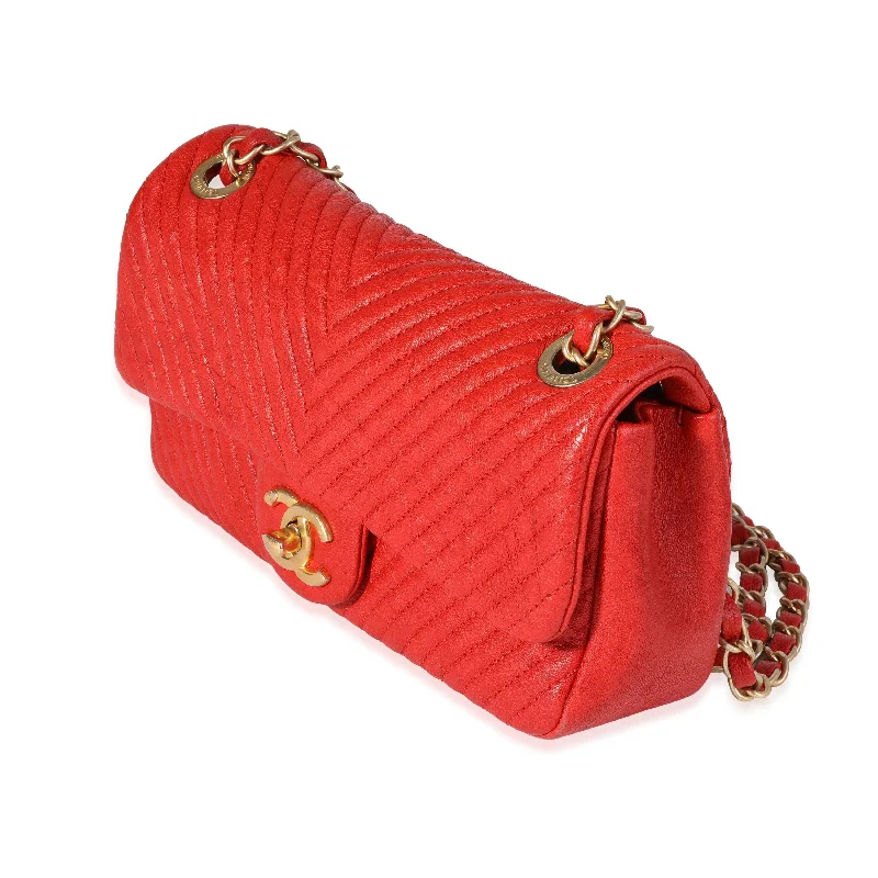 Chanel Red Chevron Wrinkled Leather Mini Rectangular Medallion Flap Bag