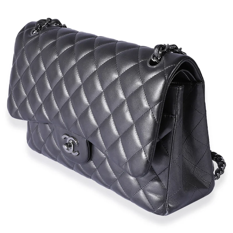 Chanel Metallic Gunmetal Quilted Lambskin Jumbo Double Flap Bag