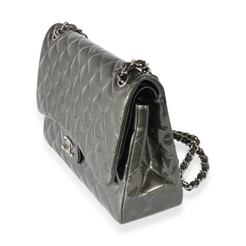 Chanel Grey Patent Leather Stripe Jumbo Double Flap