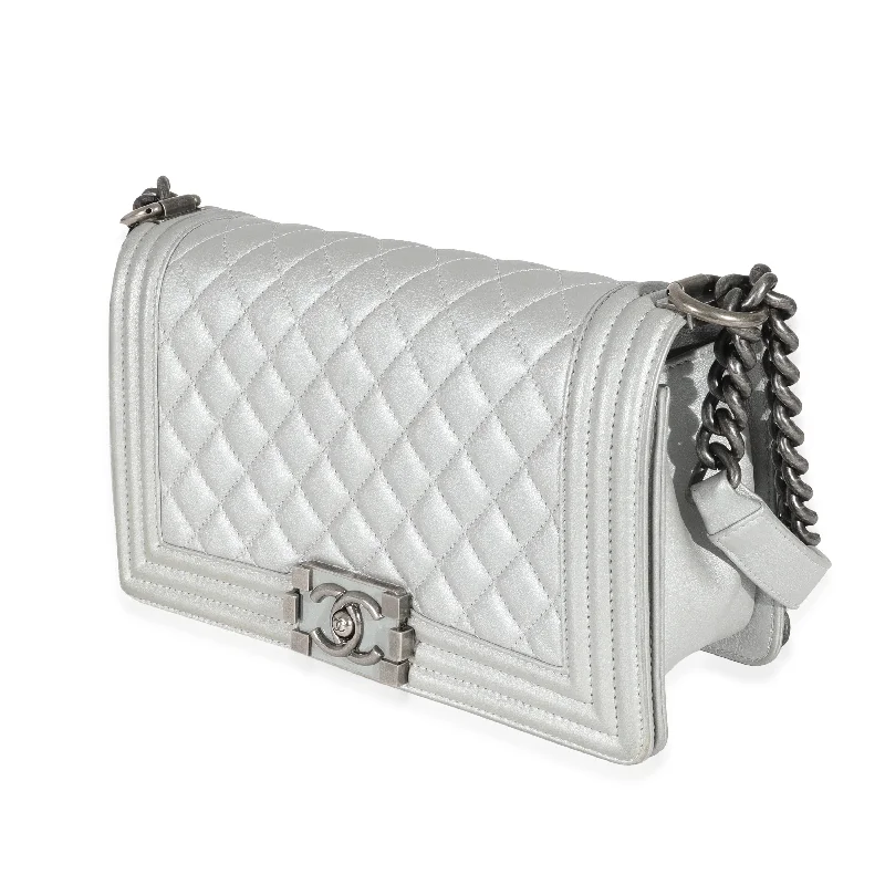 Chanel Silver Calfskin Medium Boy Bag