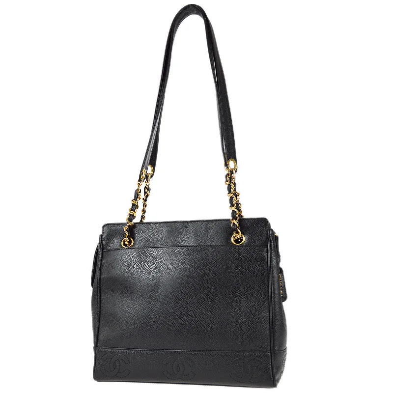 Chanel Triple CC Chain Shoulder Tote Bag Black Caviar