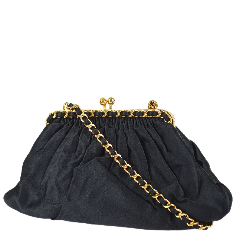 Chanel Kiss Lock Chain Shoulder Bag Black Satin