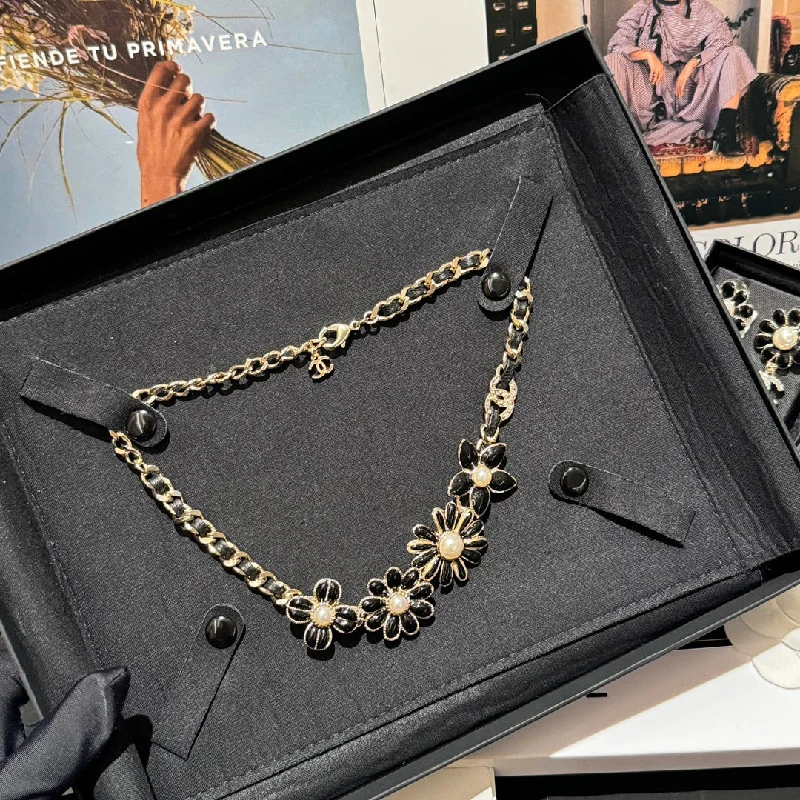 Chanel 24k Sun Flower Black Enamel Necklace XLC118