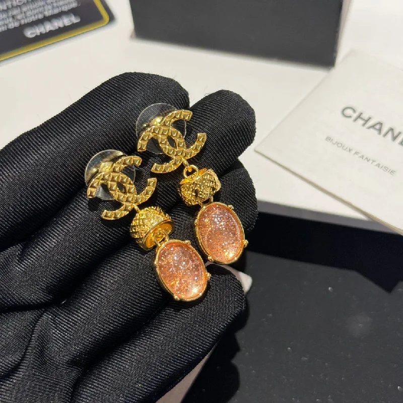 Chanel 24P Pink Gemstone Letter Gold Diamond Grid Earrings EHC60