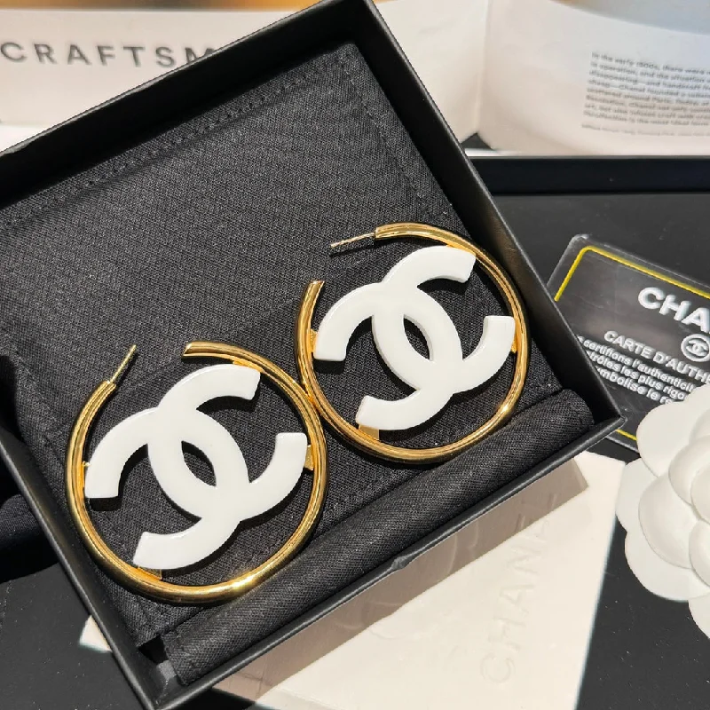 Chanel 24s hollow round frame double c white large earrings EHC80