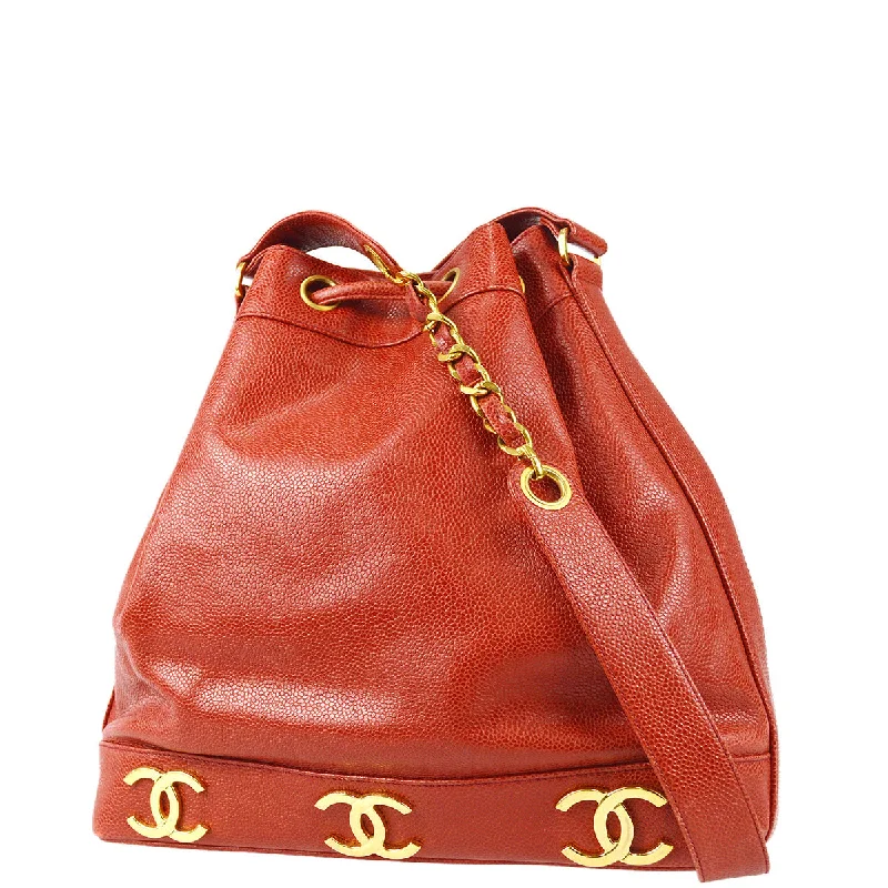 Chanel Triple CC Drawstring Chain Shoulder Bag Red Caviar