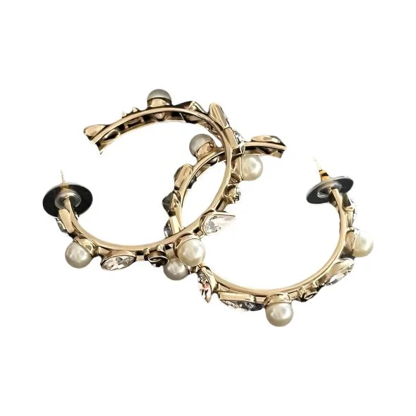 Chanel CC Faux Pearl And Crystal Hoop Earrings