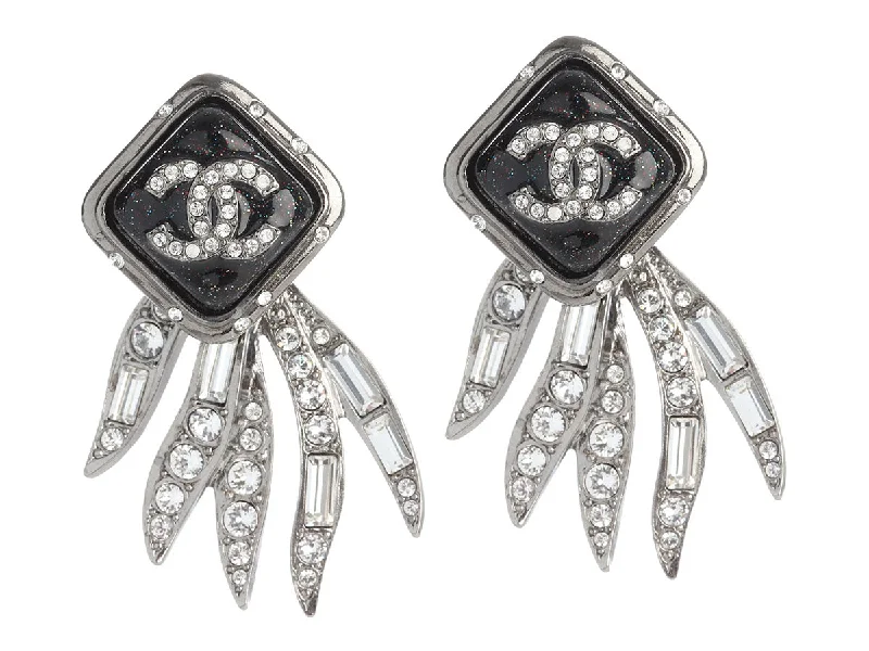 Chanel Black Crystal Logo Pierced Drop Earrings