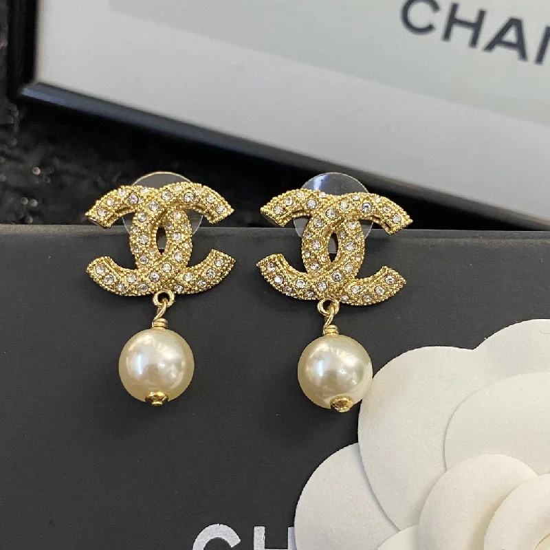 Chanel Double C Pearl Pendant Gold Earrings EHA299