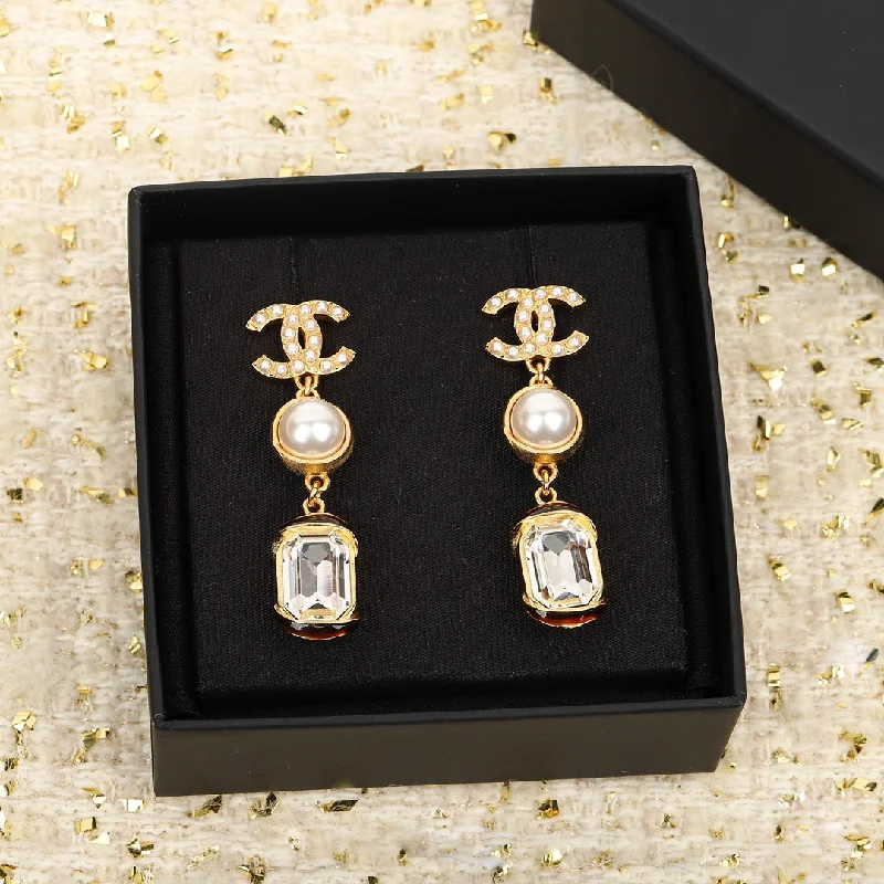 Chanel Double C Pearl Pendant Gold Earrings EHA302