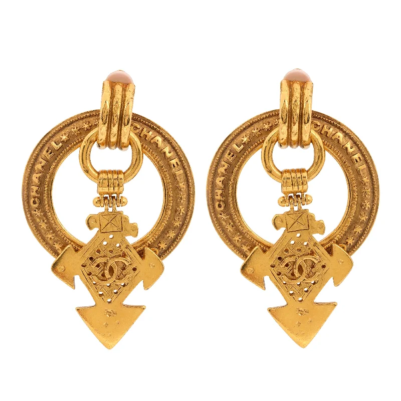 Chanel 24kt Gold Plated Aztec Cross Hoop Earrings w/ CC Cross