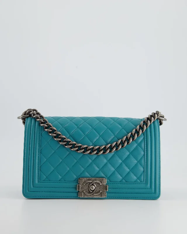 *FIR PRICE* Chanel Teal Blue Medium Boy Bag in Lambskin Leather with Ruthenium Hardware