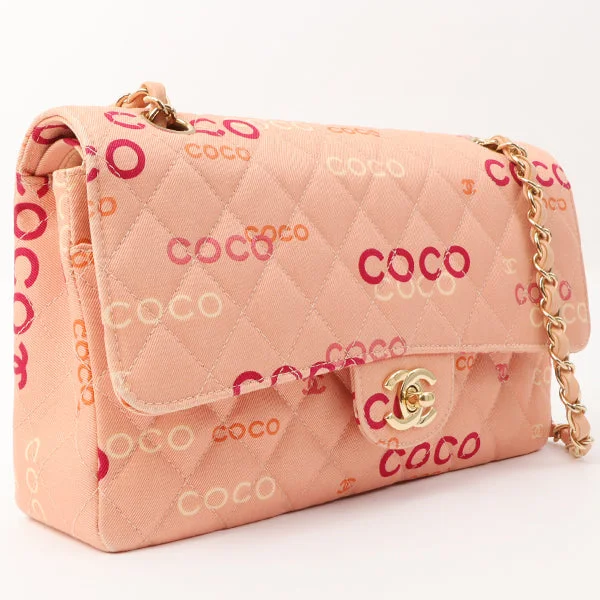 Chanel Around 2001 Made Cotton Logo Print Classic Flap Chain Bag 25Cm Coral Pink