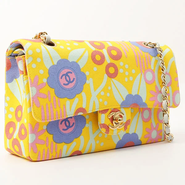 Chanel Around 2003 Made Cotton Flower Design Print Classic Flap Chain Bag 25Cm Yellow/Soft Blue/Multi