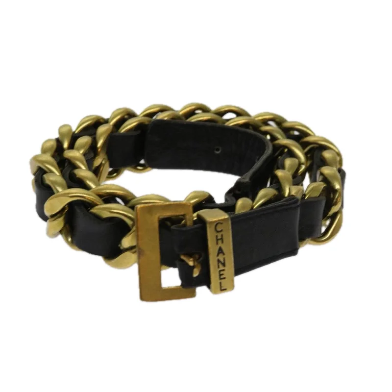 CHANEL Belt Leather 25.6""-27.6"" Gold Tone Black CC  bs11333