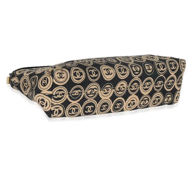 CHANEL Black Beige Canvas CC Logo Clutch