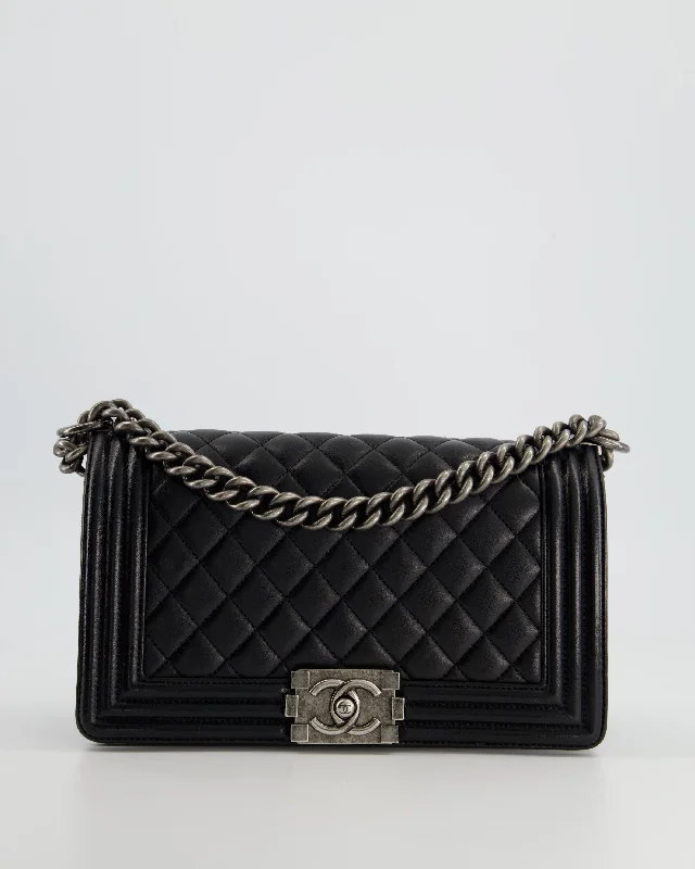 Chanel Black Medium Boy Bag In Lambskin Leather with Ruthenium Hardware