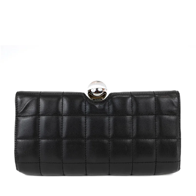 Chanel Black and White Lambskin Square Stitched Clutch with Lucite Knob