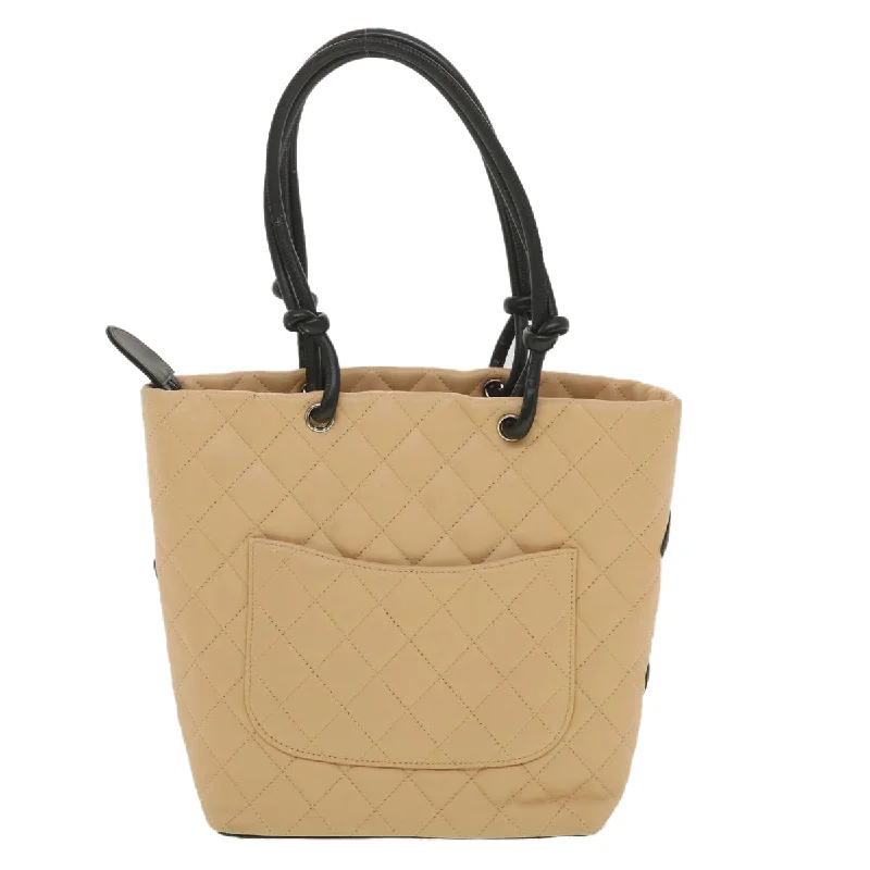 CHANEL Cambon Line Tote Bag Lamb Skin Beige Black CC