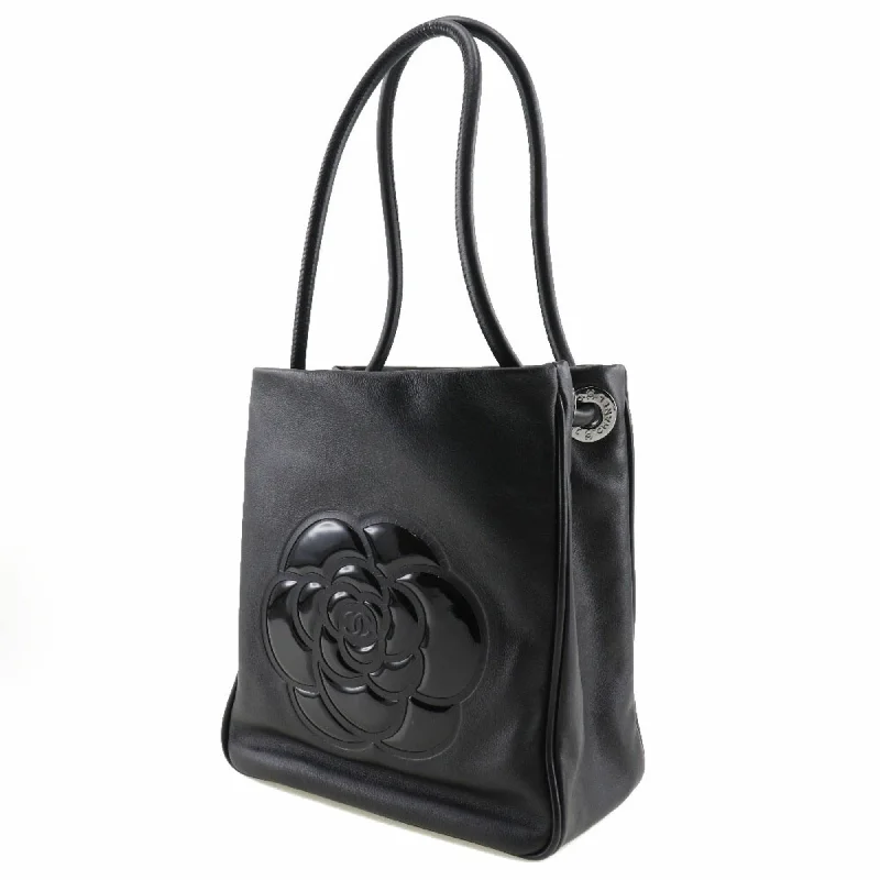 CHANEL camellia tote bag logo lambskin x enamel black ladies