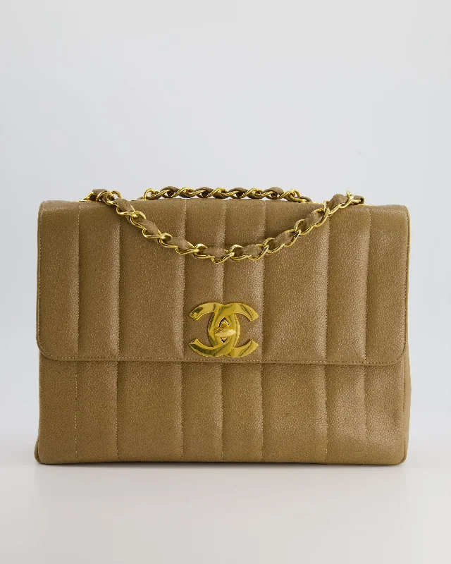 Chanel Caramel Jumbo Mademoiselle Caviar Flap Bag with Vertical Stitch Detail & 24K Gold Hardware