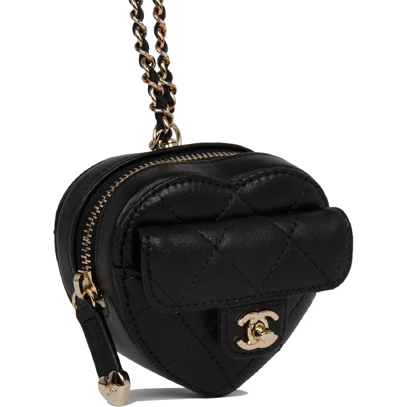 Chanel CC In Love Heart Necklace Bag Black Lambskin Light Gold Hardware