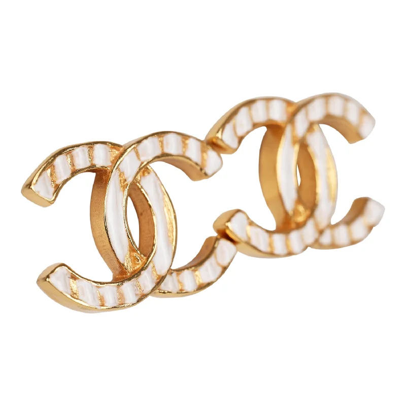 Chanel CC Stud Earrings White Textured Enamel and Gold Metal