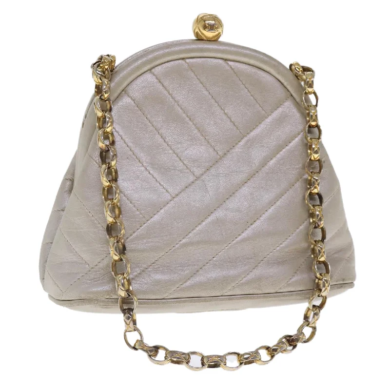 CHANEL Chain Shoulder Bag Leather White Gold CC  94469