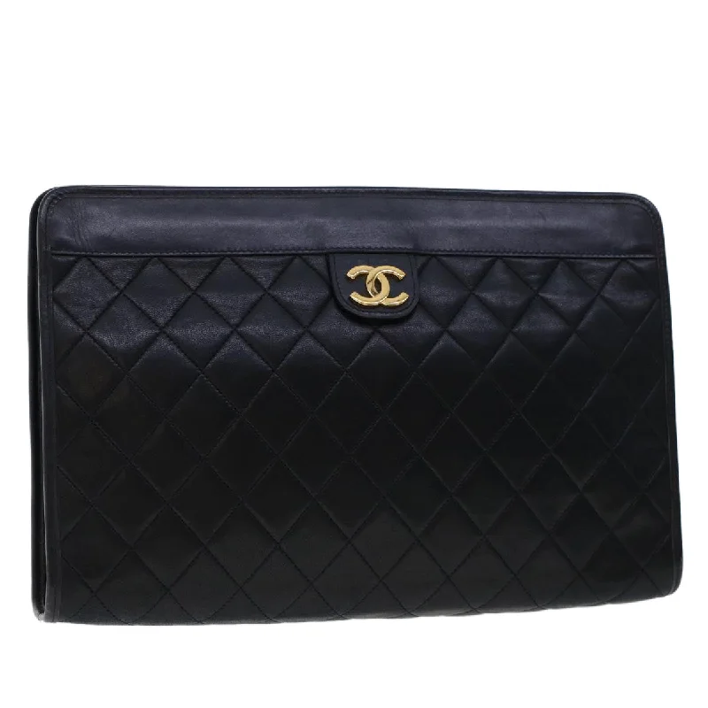 CHANEL Clutch Bag Lamb Skin Black CC  am4611