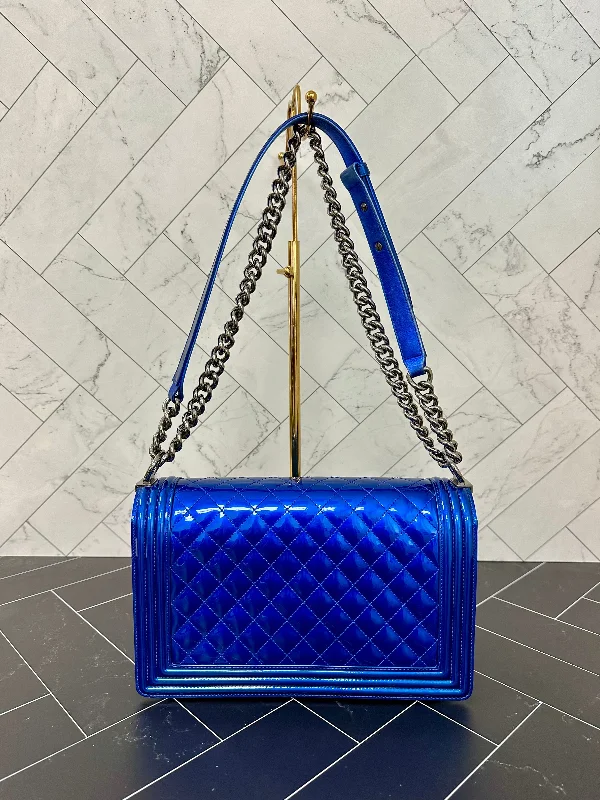 Chanel Blue Quilted Patent Leather Medium Boy Bag