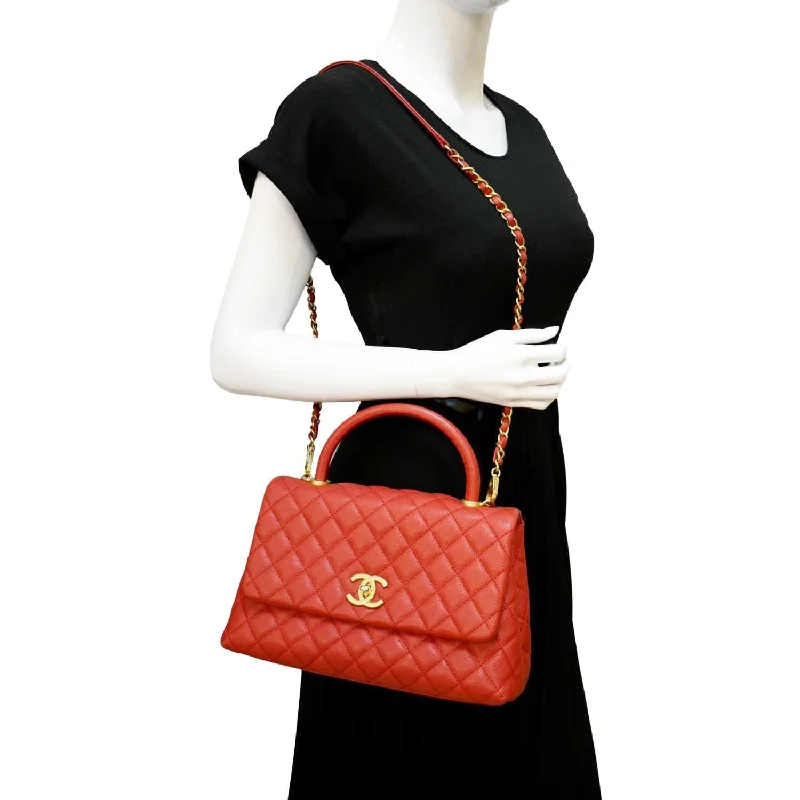 CHANEL Medium Coco Quilted Caviar Leather Top Handle Shoulder Bag Red