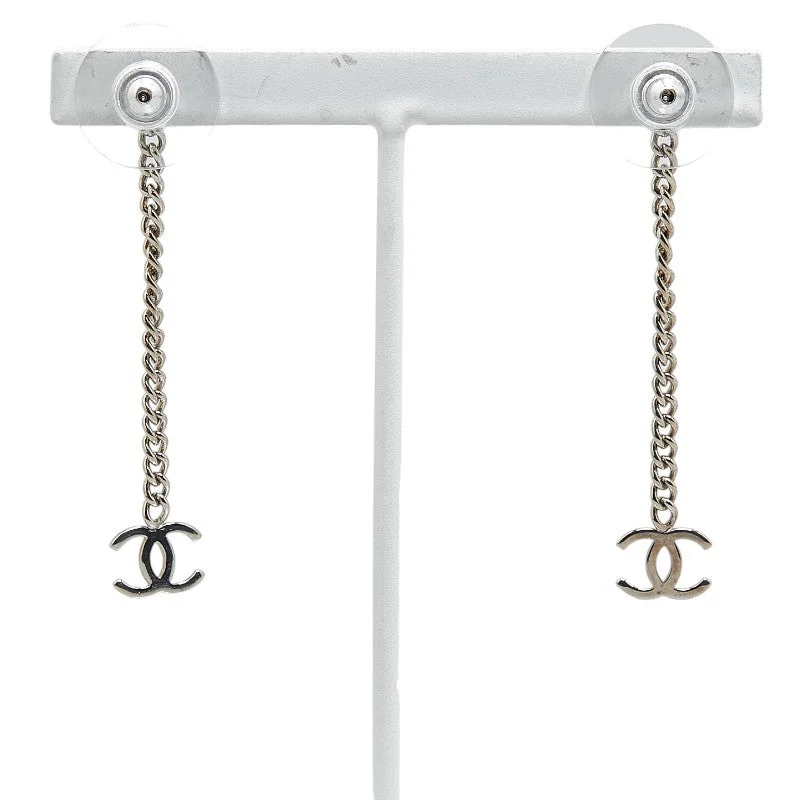 Chanel Coco Long Chain Stud Earrings Silver Metal  Chanel