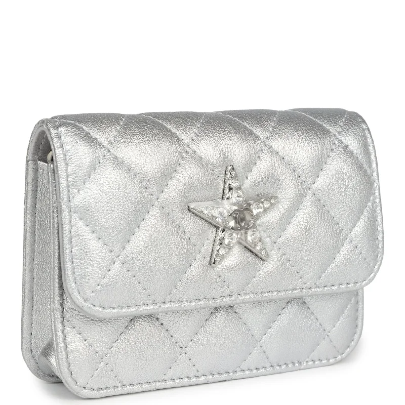 Chanel Crystal CC Walk Of Fame Clutch Silver Metallic Goatskin Silver Hardware