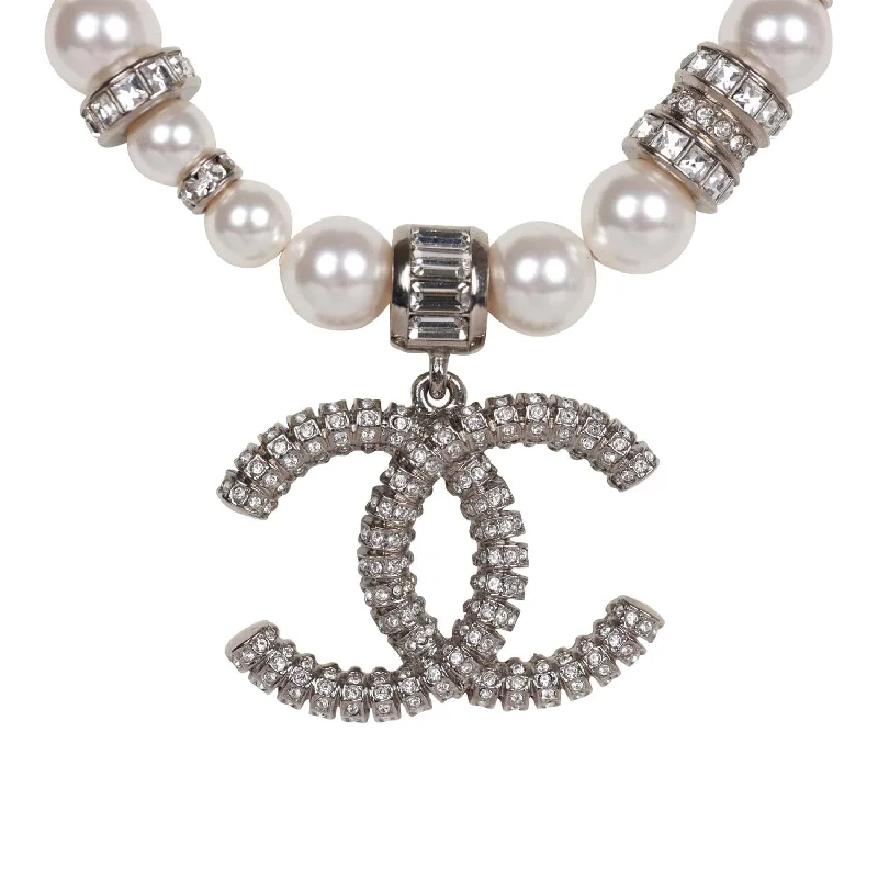 Chanel Faux Pearl and Crystal Silver CC Pendant Necklace