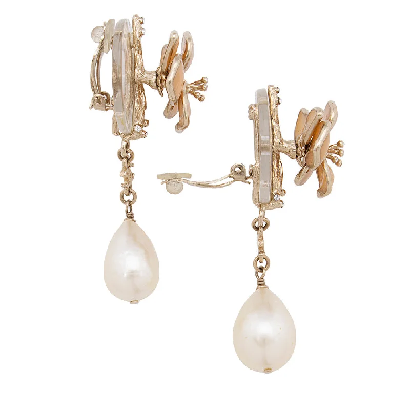 Chanel Flower Pearl Drop Clip On Earrings (18532)