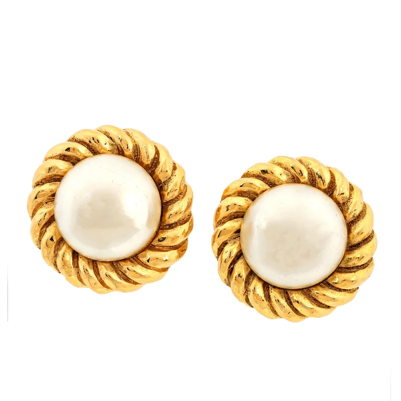 Chanel Gold Rope Button Earrings w/ Pearl Center