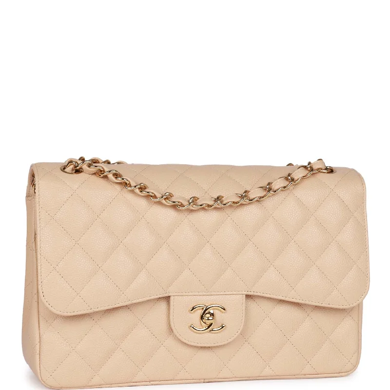 Chanel Jumbo Classic Double Flap Bag Beige Caviar Gold Hardware