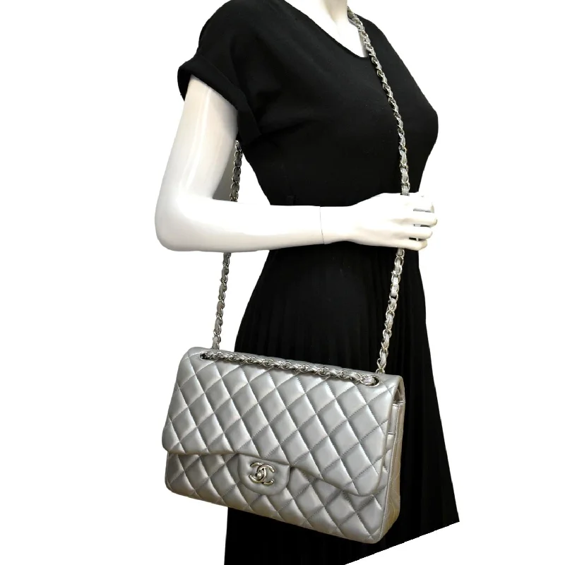 CHANEL Jumbo Flap Quilted Leather Shoulder Bag Metallic Silver