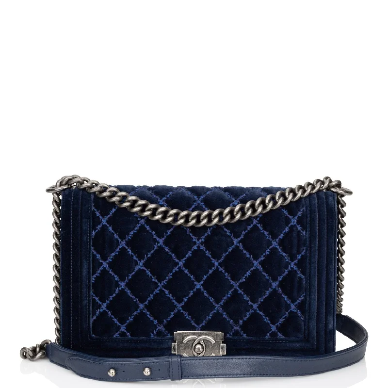 Chanel Large Boy Bag Blue Velvet Ruthenium Hardware