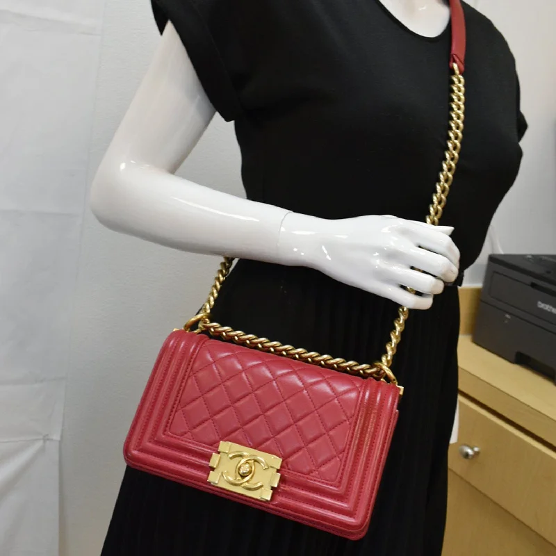 CHANEL Le Boy Small Lambskin Leather Shoulder Bag Red