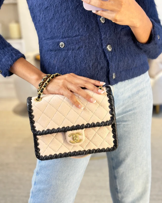 Chanel Light Pink, Black Square Stitched Edge Flap Bag in Lambskin with Brushed Gold Hardware