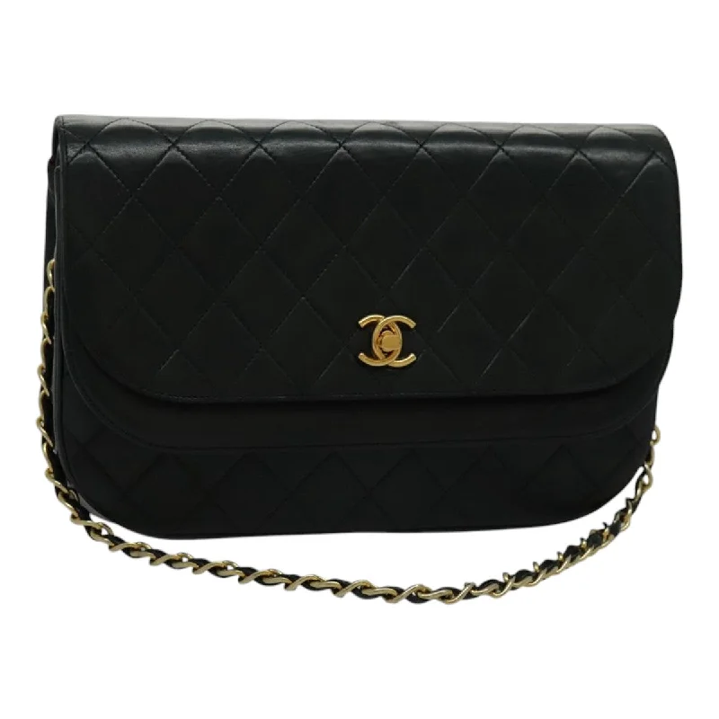 CHANEL Matelasse Chain Double Flap Bag Lamb Skin Black Gold CC  yk15608A