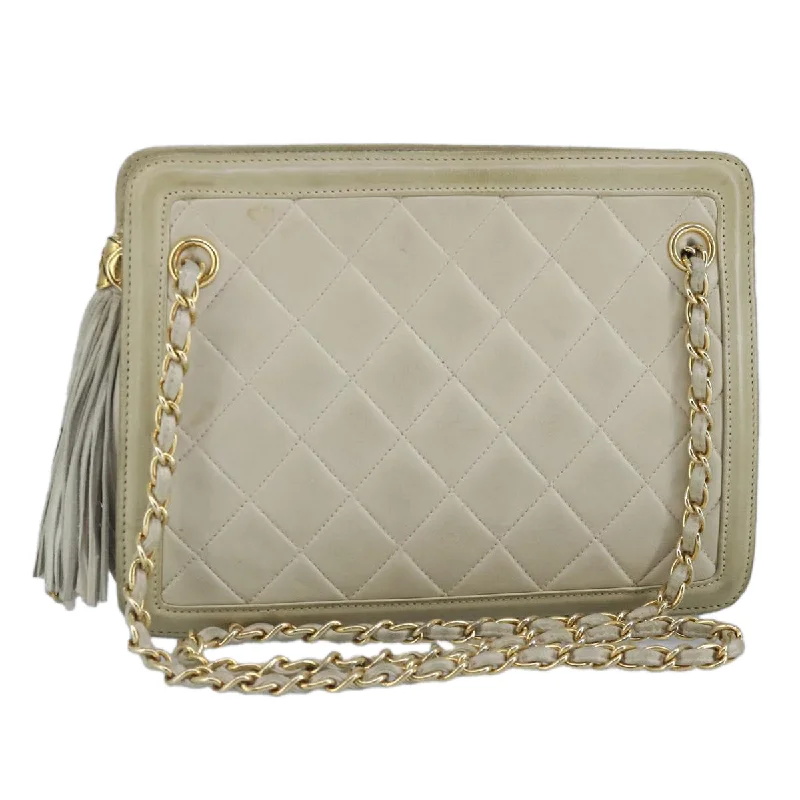 CHANEL Matelasse Chain Shoulder Bag Lamb Skin Beige Gold CC  97457