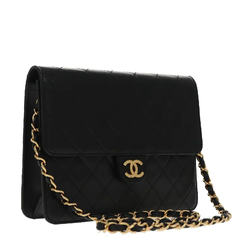 CHANEL Matelasse Chain Shoulder Bag Lamb Skin Black Gold CC  yk15607A