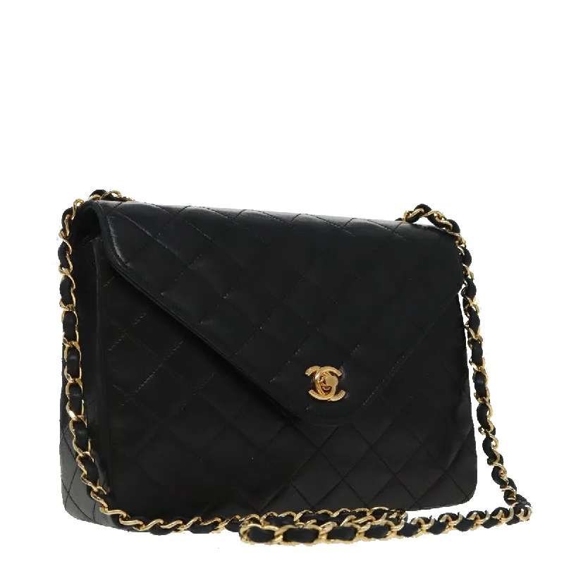 CHANEL Matelasse Chain Shoulder Bag Lamb Skin Black Gold CC  yk15735