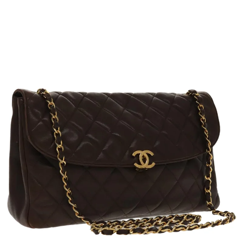 CHANEL Matelasse Chain Shoulder Bag Lamb Skin Brown Gold CC  95717