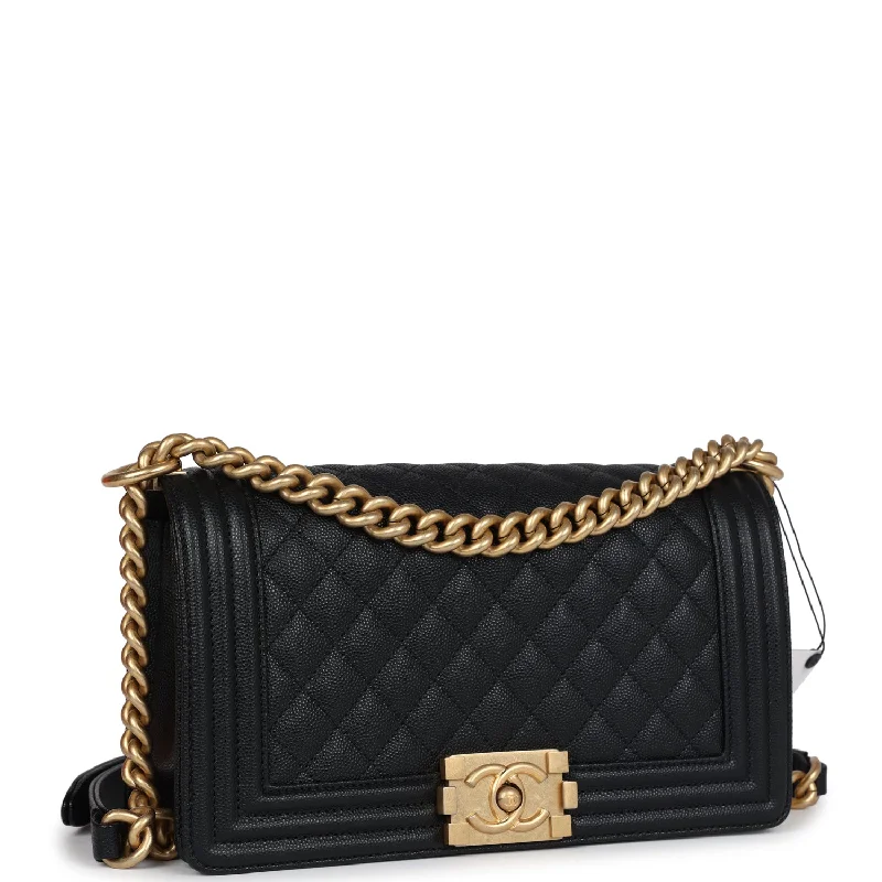 Chanel New Medium Boy Bag Black Caviar Antique Gold Hardware