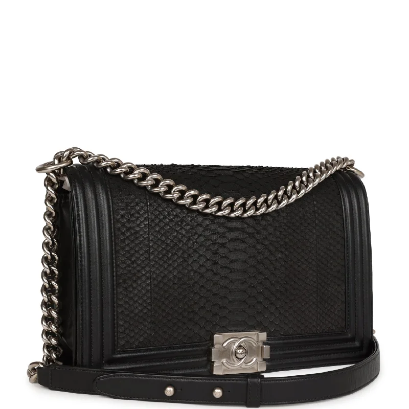 Chanel Medium Boy Bag Black Python and Lambskin Brushed Silver Hardware